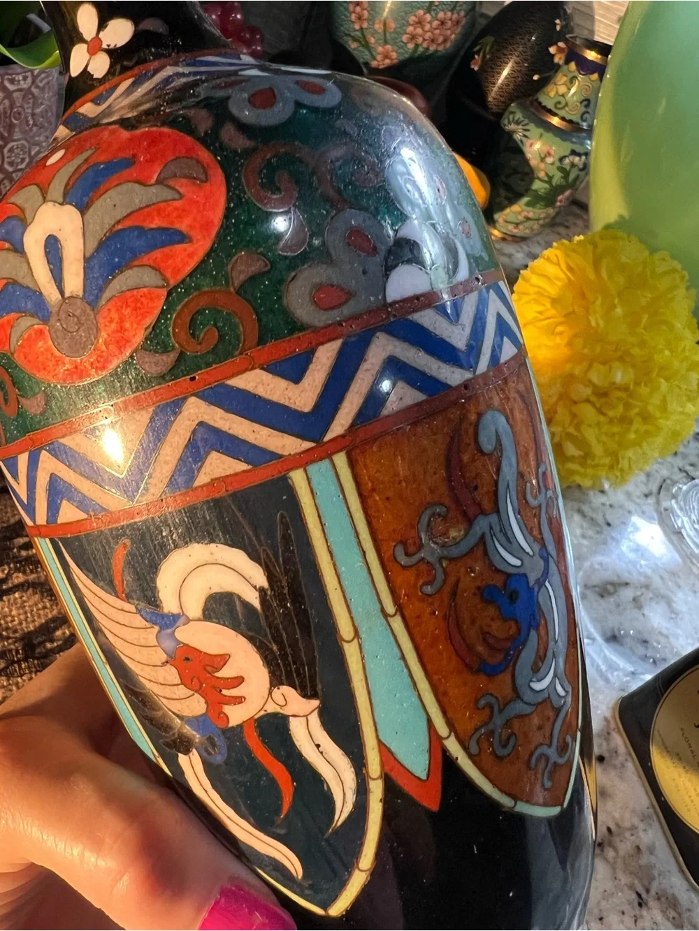 Antique Black Green Orange Cloisonné Vase no flaws